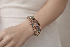 Vtg Multicolor Red Blue Pink Olive Crystal & Openwork Copper Clamper Bracelet