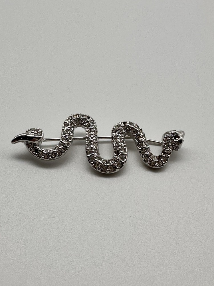 Vintage Swarovski Swan Silver tone Pave Crystal Snake brooch green eyes