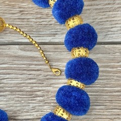Vintage Beaded Pom Pom Statement Necklace Blue & Gold tone