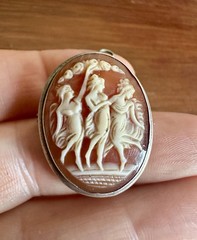 Vintage Antique 800 Silver Real Shell Cameo Three Graces Brooch Pendant