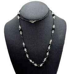 Modern Art Deco Black Clear Cut Crystal Bead Silver Tone Vintage Necklace 31 in