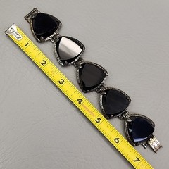 Vintage Bracelet Black Onyx Stone Linked Faceted Chunky Panel Silver Tone 7″