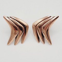Rame Modernist Artisan Copper Fishbone Clip On Earrings Worn Distressed