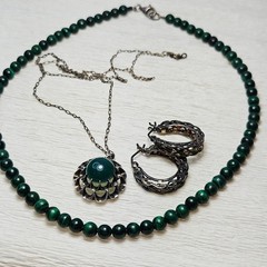 925 Sterling Malachite Necklace Green Pendant Ornate Hoop Earrings