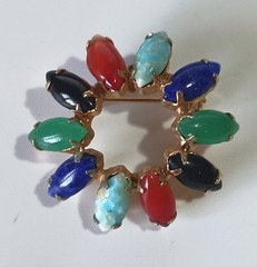 Vintage Gold-tone Brooch 1.25″ Ring of Multicolor Prong-set Semi-precious Stones