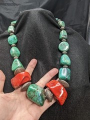 Large Vintage Sterling Silver Chunky Natural Turquoise & Coral 26in Necklace