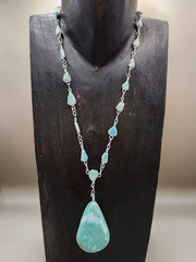 Massive Natural Larimar Teardrop Pendant Necklace Wire Wrapped Freeform Links