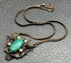 Vintage Victorian Revival Birds Green Cab Faux Pearl Rhinestone Pendant Necklace