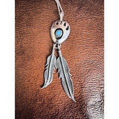 Old Sterling Silver Bear Paw Turquoise Feather Dangle Pendant Necklace 925 Chain