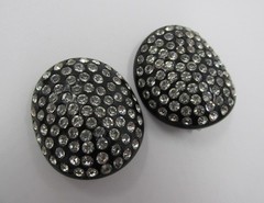 Large Black Lucite Flush Set Rhinestone Clip Earrings Mid-Century Vintage