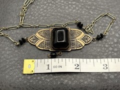 Vintage Art Deco Gold Tone Black Glass Pendant Necklace Chain 20”