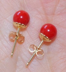 RARE ITALIAN SARDINIA 14K CALIBRATED RED CORAL 5.5 MM BALL FANCY STUD EARRINGS