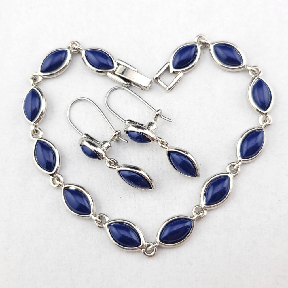 Retro Liz Claiborne Navy Blue Lucite 7.5″ Bracelet 1.25″ Earring Set Silver Tone