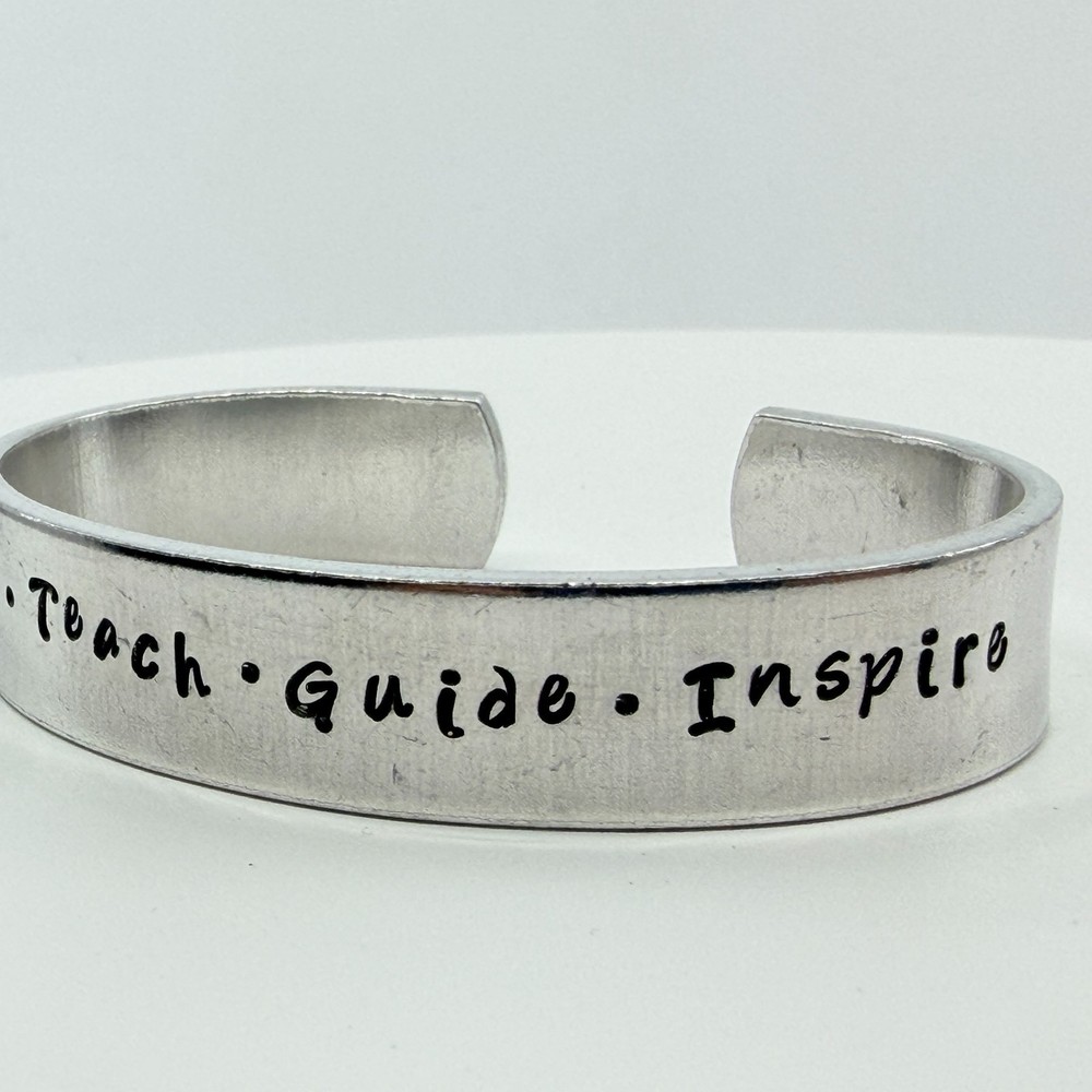 VTG Inspirational Silver Tone “Love Teach Guide Inspire” Engraved Cuff Bracelet