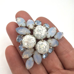 Vintage Baby Blue Moon‑Glow Brooch | Silver‑Tone Retro Mid‑Century