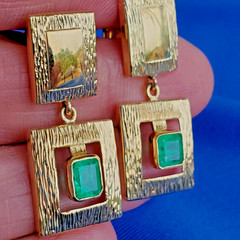Original EARTH MINED EMERALD Deco Design Earrings Vintage Style Dangles 14K GOLD