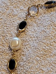 Vintage Gold-plated Bezel Set Clear Black Faux Pearl Necklace 36-in