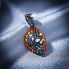 925 Sterling Silver Flaming Skull Pendant Black Moissanite Hip Hop Charm Unisex