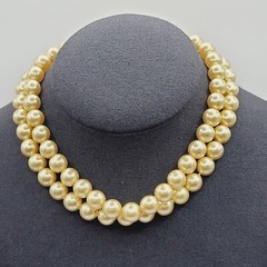 Double Strand 1950s Pearly Light Gold Color Beaded Choker Vtg Necklace 15 Inch