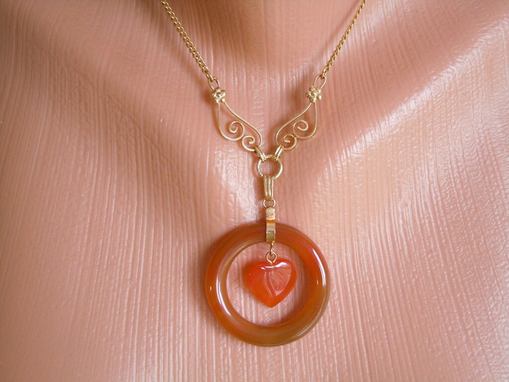 Necklace Pendant Ring Heart Carnelian 12.1 G/39 Cm