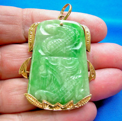 Original EARTH MINED Antique Green JADE DRAGON Pendant 14K GOLD Deco Luck Gift