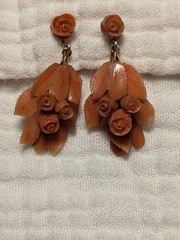 Antique Floral Carved Coral Pin And Earrings