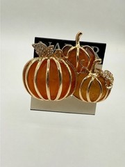 Napier Gold Tone Pumpkin Harvest Brooch Pin Amber Orange Rhinestone Fall Autumn