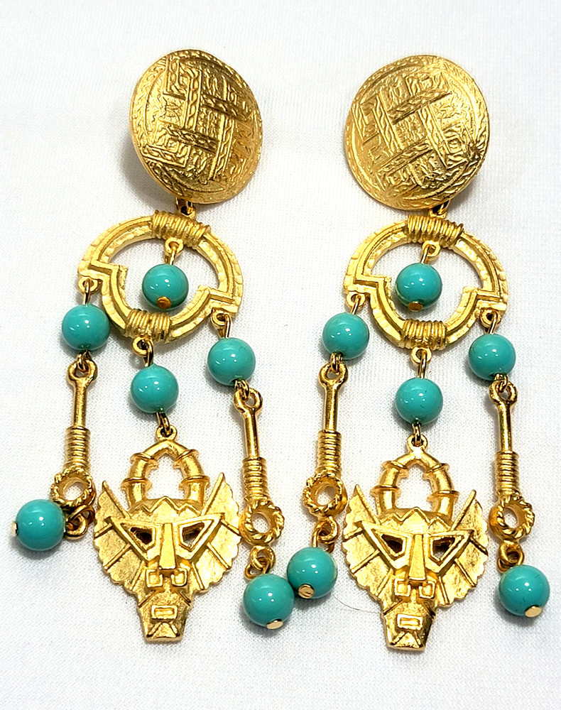 Vintage Estate Mayan Aztec Inspired Beaded Dangle Nepali Coin Earrings