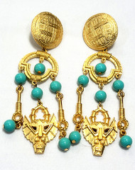 Vintage Estate Mayan Aztec Inspired Beaded Dangle Nepali Coin Earrings