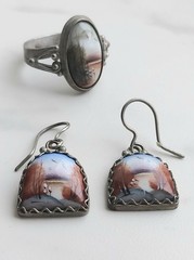 Vtg 1990s Genuine Russian Rostov Finift Enamel Winter Landscape Ring Earrings Se