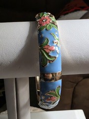 Vintage Floral Enamel Clamper Bracelet Signed 7 1/2 In