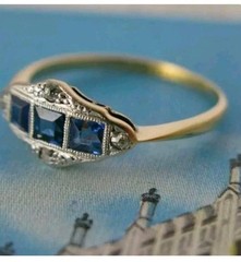 Vintage Art Deco Style Blue Sapphire & CZ Diamond Engagement Anniversary Ring