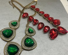 2 Vintage Statement Necklaces 1 Mika Green Faceted Plastic Stones & 1 Red Glass
