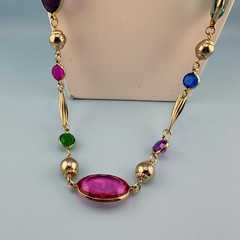 Vintage Open Bezel Lucite Necklace Gold Tone Multicolor Oval Round Faceted