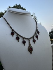 Antique 1930s Brass And Red Glass Festoon Style Necklace