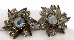 Vintage TARA by D&E Juliana Clip Earrings Gray Navette AB Rhinestones 1”