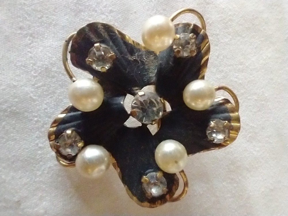 Vintage Rhinestone Faux Pearl Enamel Floral 1 1/2″ Brooch Stamped Made Austria
