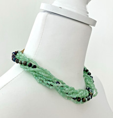 VTG Sea-green Glass Multi-Strand (8) Necklace 2 mm Beads w/Dark Beads Brass Hook
