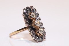Antique Circa 1900s 18k Gold Natural Diamond Decorated Navette Ring