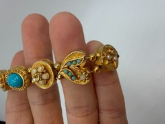 Vintage Bracelet Victorian Slide Charm Blue Bead Goldtone 6.5 inches