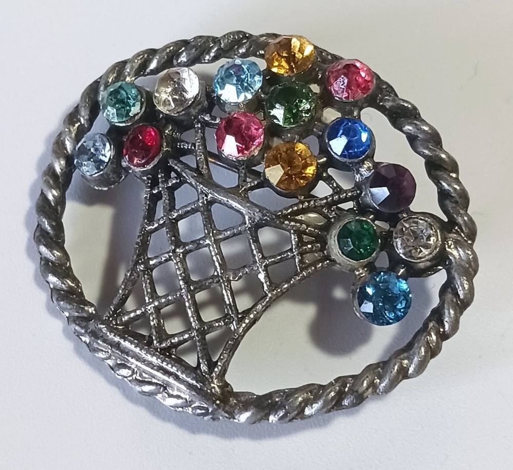 Antique Silver-tone Oval Flower Basket Brooch w/ Multicolor Gemstones, C-clasp