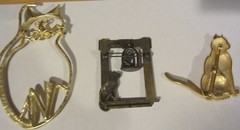Vintage Cat Pins signed J.J. cat and bird / cage cat articulated tail