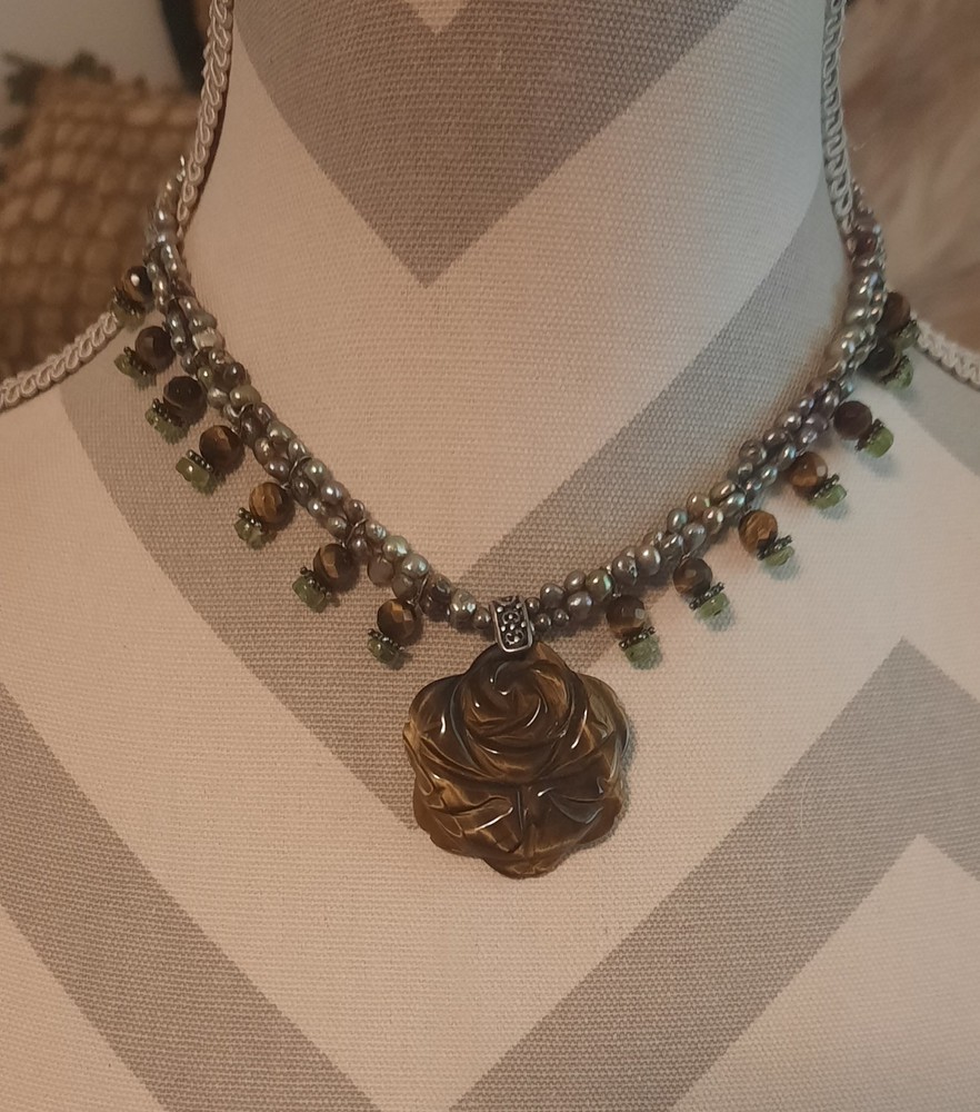 GORGEOUS Vintage Handmade Pearl & Tigers Eye Choker Necklace