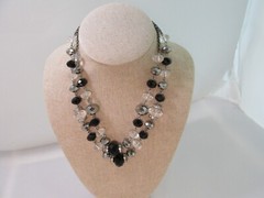 Crown Trifari Faceted Beads Necklace Blk Crystal Clear Rhinestone Double Strand