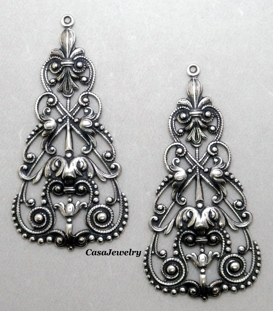 #4034 ANTIQUED .925 STERLING SILVER PLATED FILIGREE W/TOP HANG RING – 2 Pcs