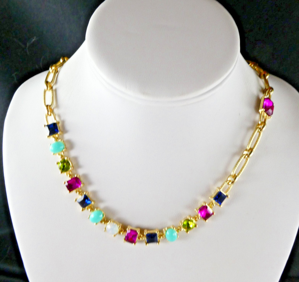 R J Graziano Necklace Multi Color Faux Gemstone Gold Tone Fashion Pink Blue Red