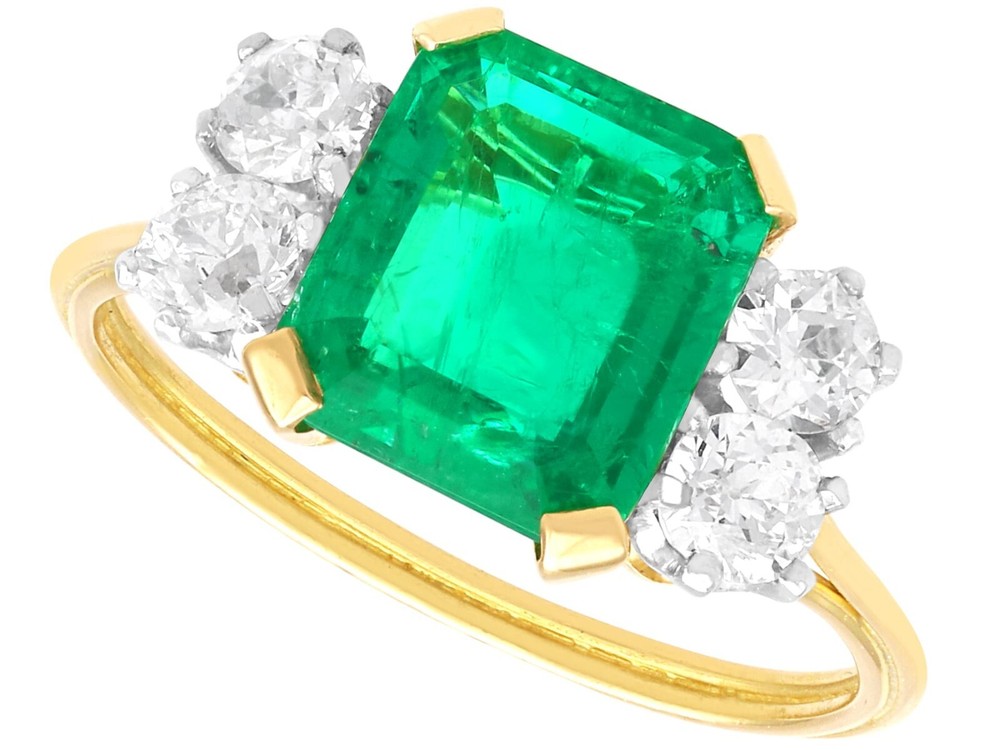 Antique 2.21Ct Emerald and 0.60Ct Diamond, 18k Yellow Gold Ring Circa 1935