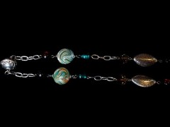 Vintage Silver Tone Etched, Brown And Teal Swirl Coin Art Glass & Plastic Beads