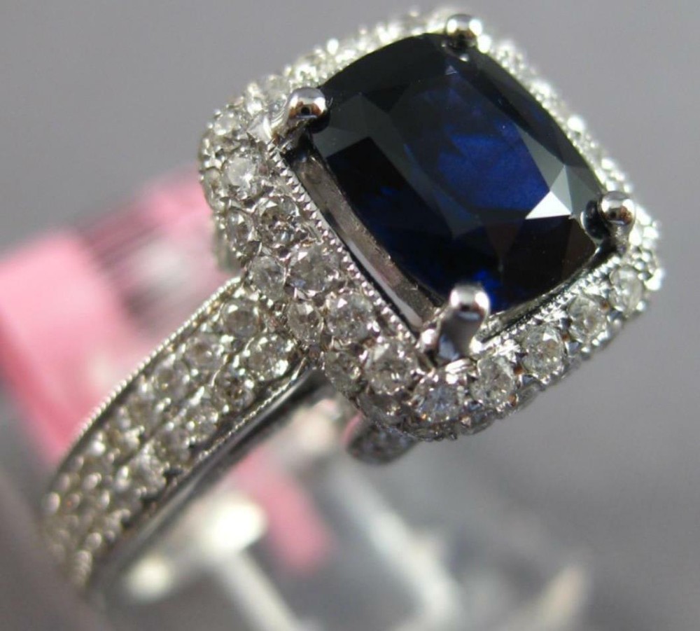 LARGE 2.46CT DIAMOND & AAA SAPPHIRE 18K WHITE GOLD HALO FILIGREE ENGAGEMENT RING