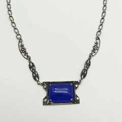 Vintage Sterling Silver 925 Blue Chalcedony Marcasite Necklaces 15.5″